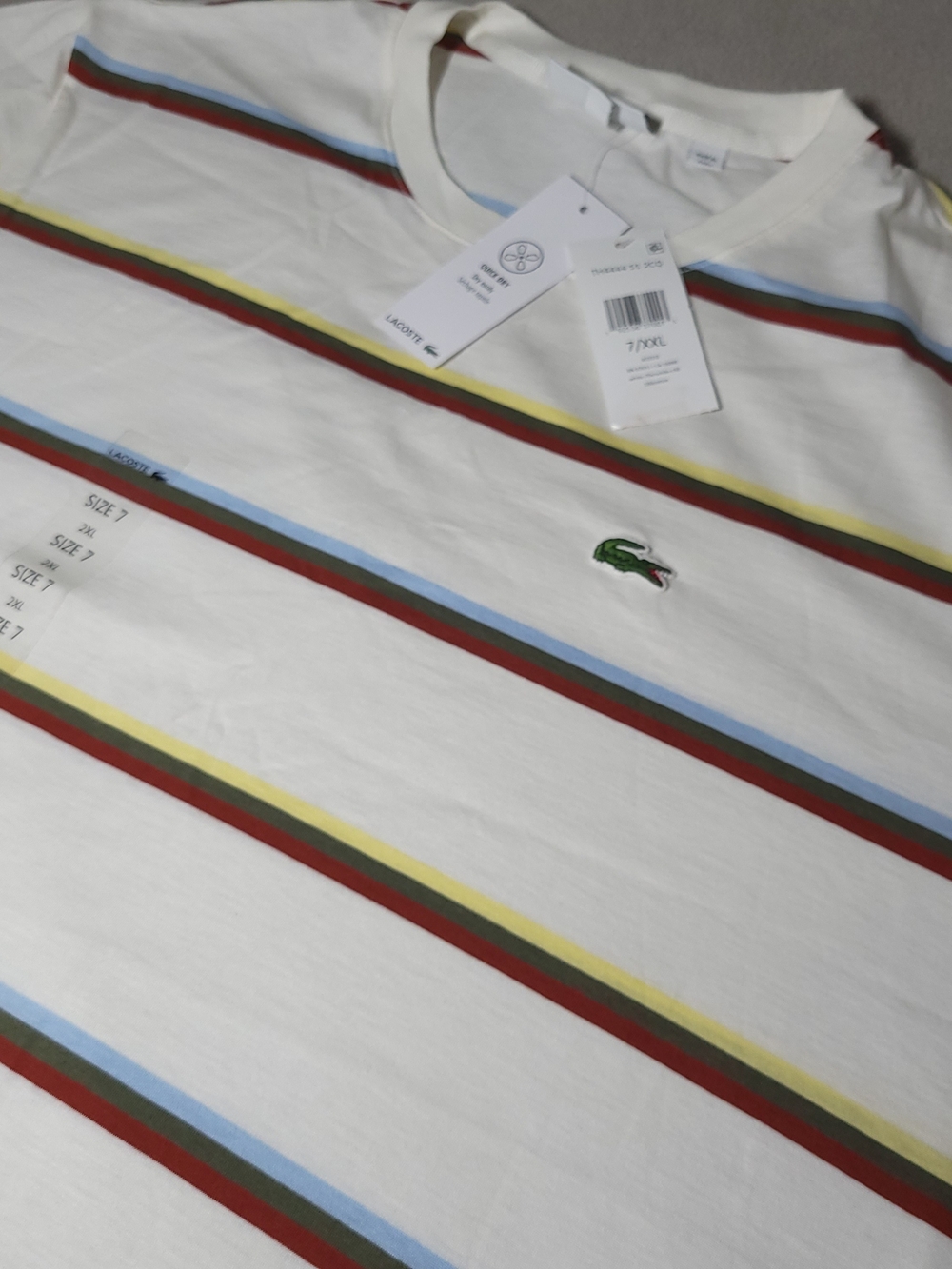 NWT Lacoste Men's Quick Dry Striped T-Shirt White Regular Fit Size 7 XXL